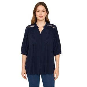 Sundance Navy Blue Academia Boho Babydoll Blouse with Crochet Lace Trim Size XL